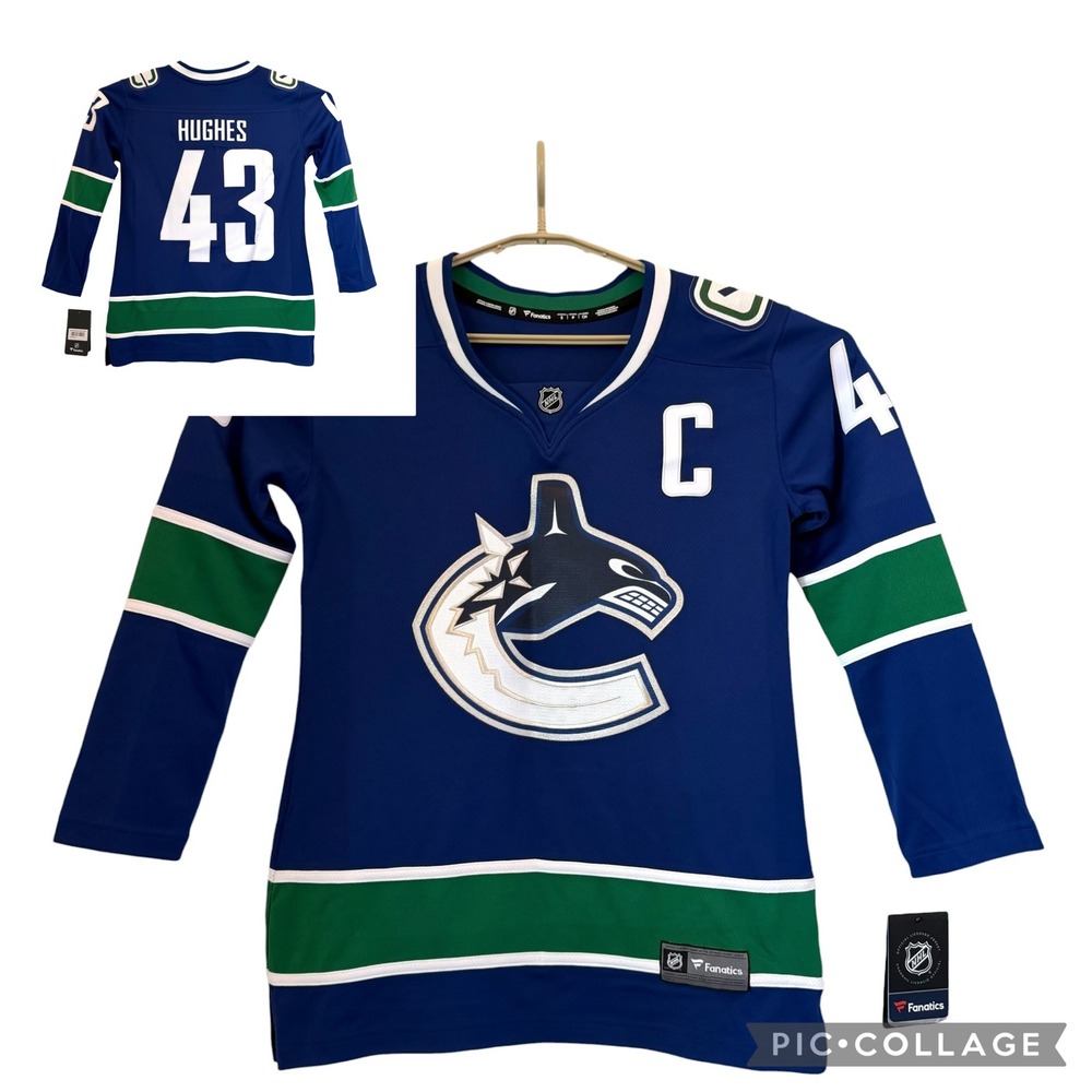 Vancouver Canucks Quinn Hughes 43 Captain Hockey Jersey Women Small Fanatics NEW